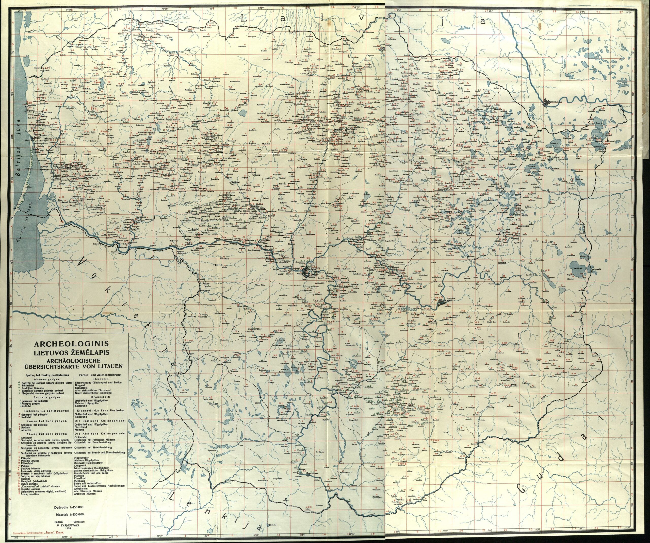 Archeologinis Lietuvos žemėlapis = Archäologische Übersichtskarte von Litauen. Sudarė P. Tarasenka. Mastelis 1:450000. Kaunas: Švietimo ministerijos Knygų leidimo komisija, 1928. 1 žml.: vienpusis, spalv. 80 x 94 cm, sulankst. į 24 x 17 cm.
