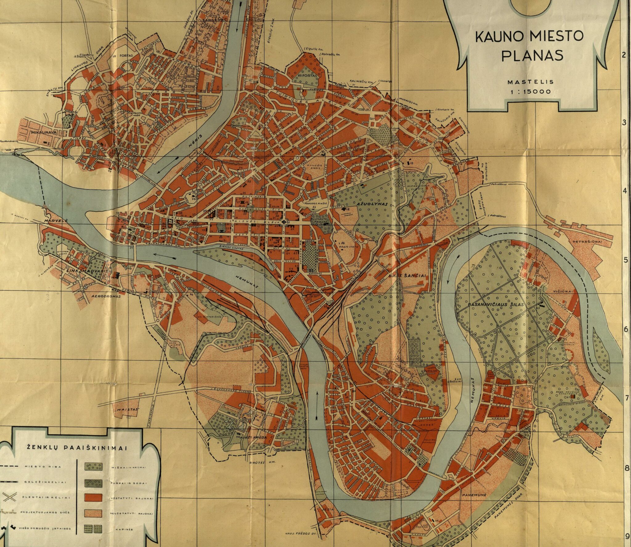 Kauno miesto planas. Planą tikrino dailininkas J. J. Burba. Mastelis 1:15000. Kaunas: Ptašeko knygynas, 1936 (Kaunas : Br. Beregovskių lit.). 1 žml.: spalv., vienpusis + Gatvių sąrašas (8 p.).