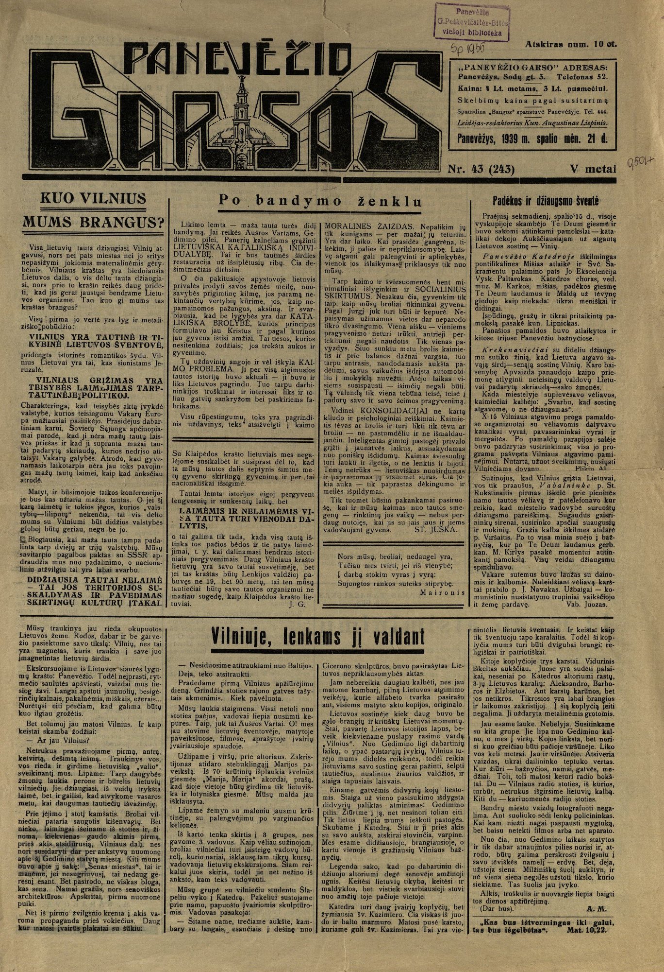 Panevėžio garsas: laikraštis. Leidėjas-redaktorius Uršulė Stalionienė. 1935–1940 m.