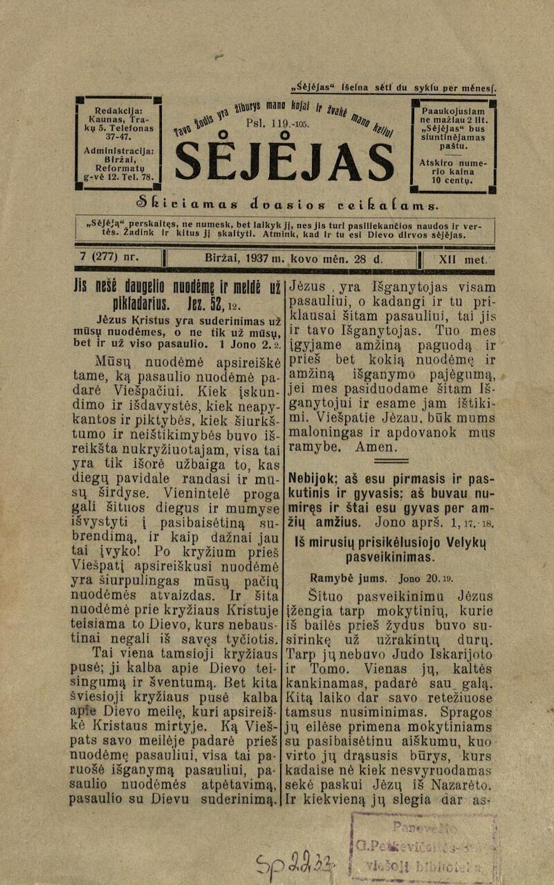 Sėjėjas: skiriamas dvasios reikalams. Biržai: Lietuvos evangelikų reformatų kolegija, 1926–1940.