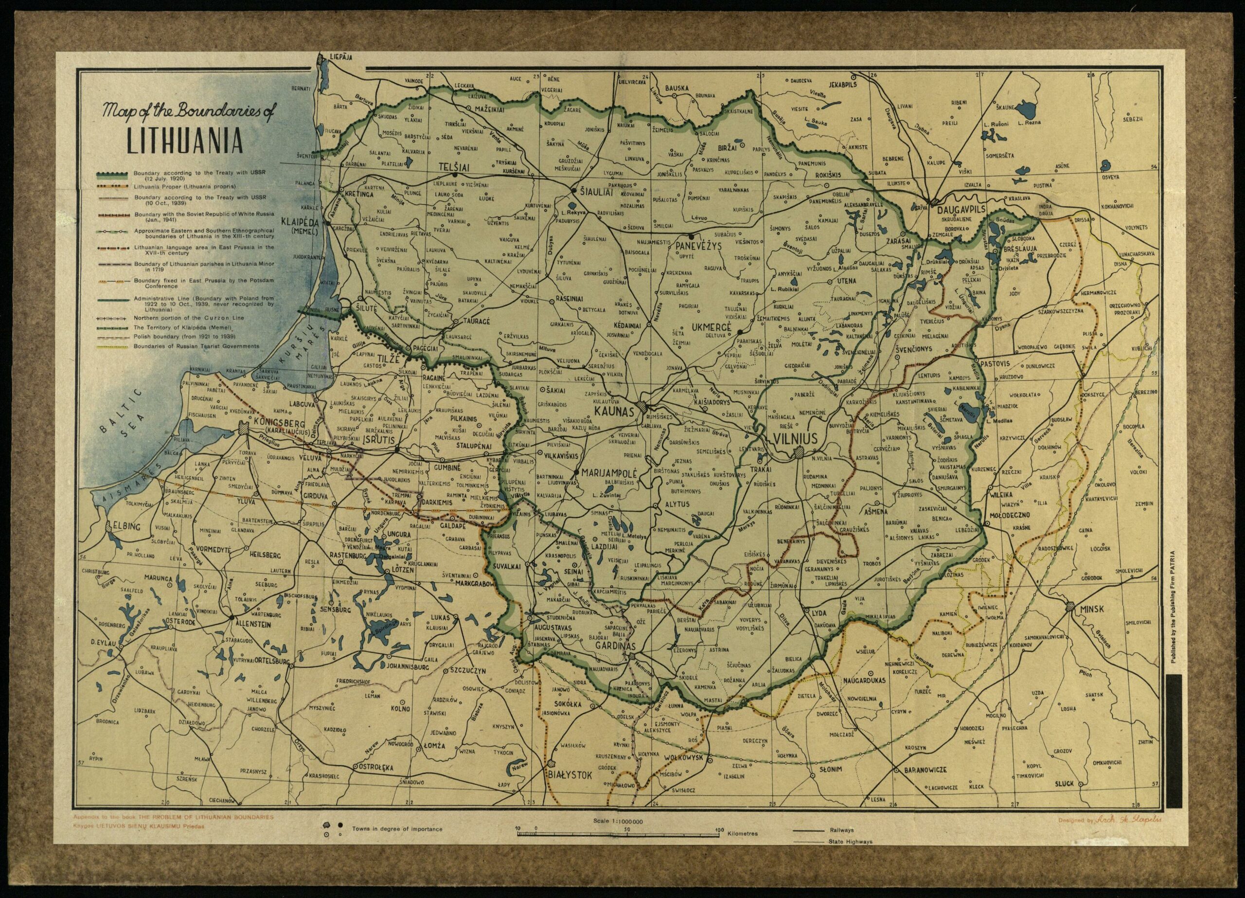 Map of the boundaries of Lithuania. Designed by Sk. Šlapelis. Tübingen: Patria, 1946. 1 žml.: spalv.